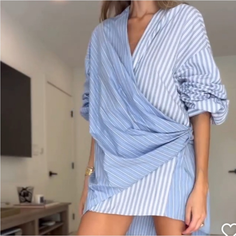 NWOT Zara Blue and White Striped wrap shirt S